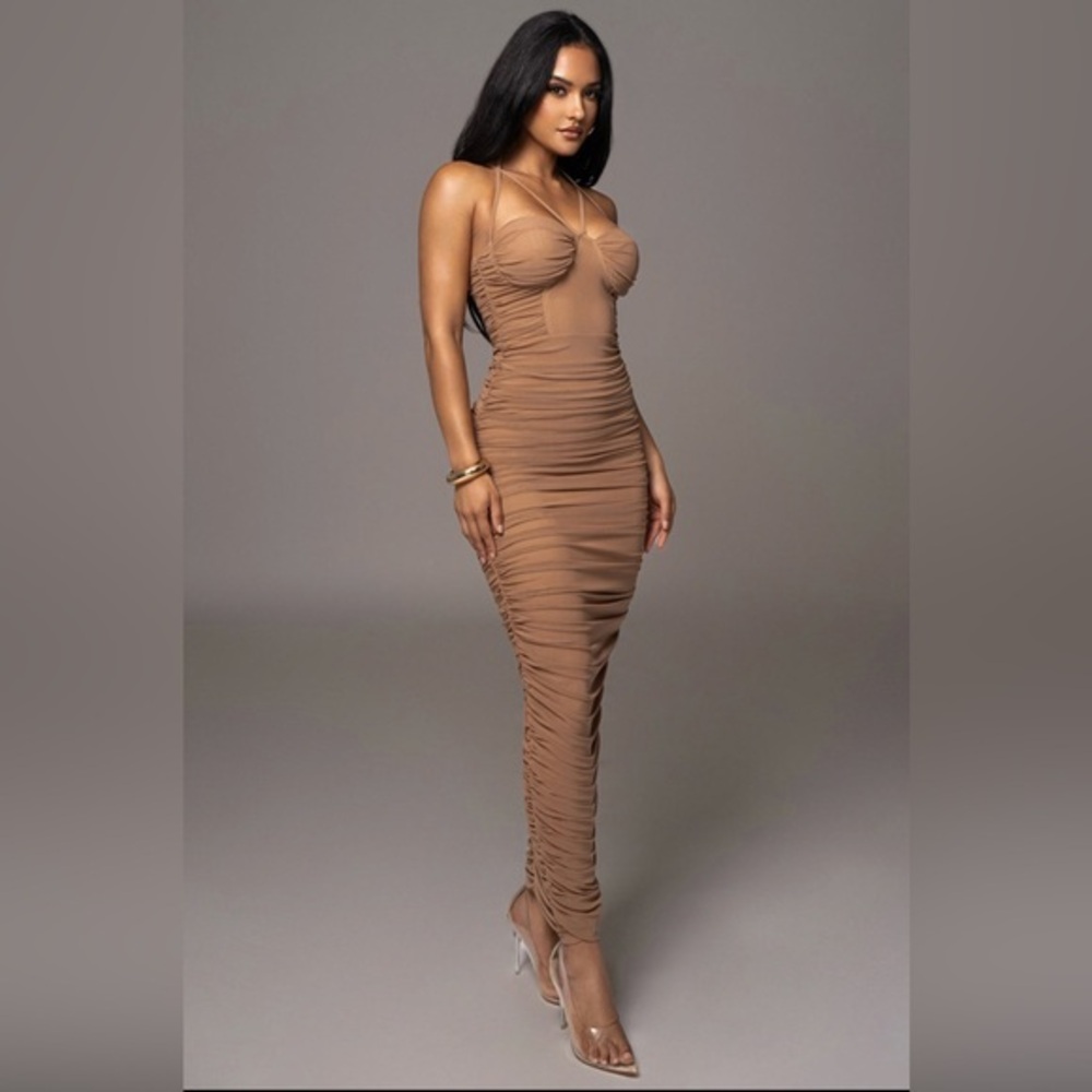 JLUXLABEL Tan Ruched Maxi Dress